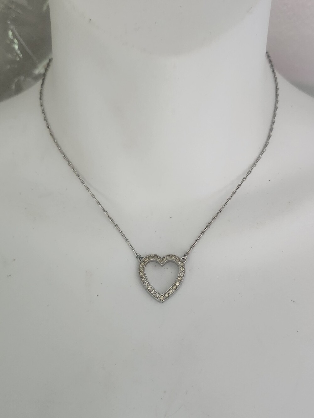 Open Heart Crystal Pendant Necklace - Silver Tone